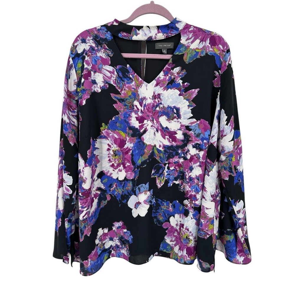 The Limited Blouse Plus Size 1X Black Floral Vibrant Chiffon V-Neck Long Sleeve